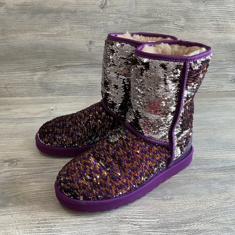 Ugg 1002978 Australia Womens 9 US Classic Short Sequin Boots Purple Silver RARE